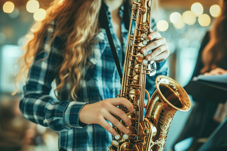 Saxophone Lessons: A saxophonist imparts tone and breath control to a student, who practices notes on a saxophone in a music conservatory.の素材