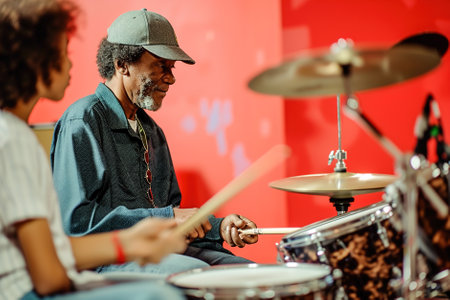 Drum Lessons: Amidst a rhythmic backdrop, a percussionist instructs a student on drumming techniques, showcasing different beats and rhythms on a drum kit.の素材