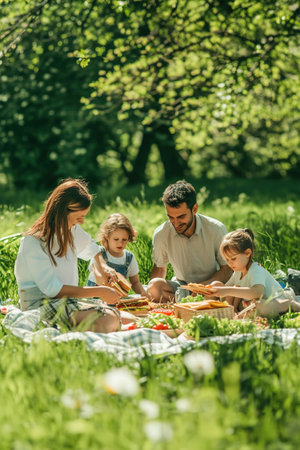 Family enjoys a picnic in the park, surrounded by lush greenery, indulging in delicious homemade vegan sandwiches and salads.の素材