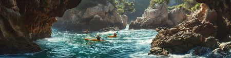 In a hidden cove, kayakers navigate treacherous waters, their paddles slicing through the waves with precision.の素材