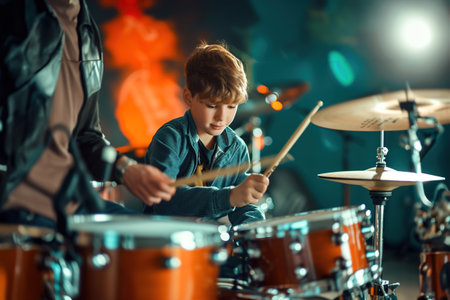 Drum Lessons: Amidst a rhythmic backdrop, a percussionist instructs a student on drumming techniques, showcasing different beats and rhythms on a drum kit.の素材