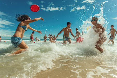 Dynamic beach entertainment with a focus on beach games, friends enjoying thrilling water sports and beach activities.の素材