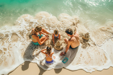 arents and children build intricate sandcastles, framed by the gentle waves on a serene beach.の素材