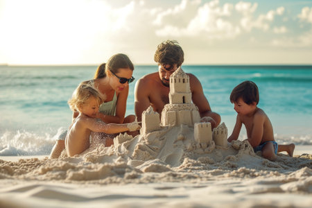 arents and children build intricate sandcastles, framed by the gentle waves on a serene beach.の素材