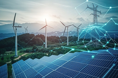 The EcoGrid Energy Management System integrates advanced AI and IoT sensors for real-time control of sustainable energy.の素材