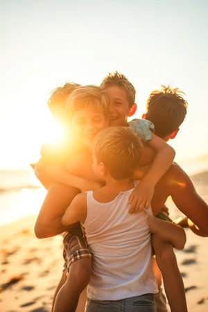 Warm embraces and shared excitement, a family reunion, marked by beach games and cheerful camaraderie.の素材