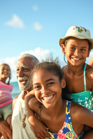 Warm embraces and shared excitement, a family reunion, marked by beach games and cheerful camaraderie.の素材