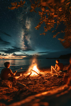 A joyful family gathers around a beach bonfire, roasting marshmallows and sharing stories under the starlit sky.の素材