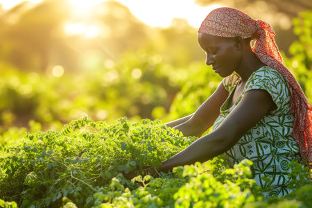 Woman harvesting fresh moringa leaves under the morning sun in a lush organic garden.の素材