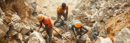 Gemstone mining techniques: Miners in remote locations, equipped with traditional tools, searching for elusive gemstones in rugged terrain.の素材