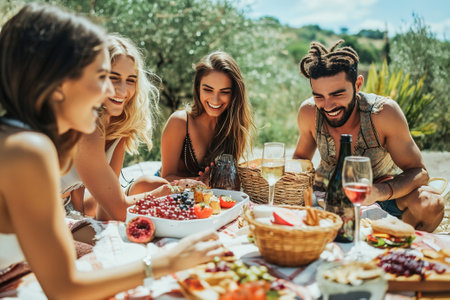 Group of friends enjoying a picnic, showcasing camu camu-infused snacks and drinks, wellness-conscious lifestyles.の素材
