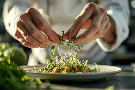 A chef's hands skillfully garnishing a gourmet dish with a handful of tender sprouts, adding texture and flavor to the presentation.の素材