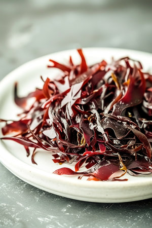 Vibrant close-up of dulse seaweed strands delicately arranged on a white plate.の素材