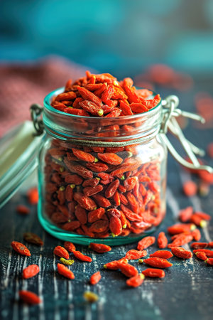 Glass jar brimming with goji berries, goji berry on wooden table.の素材