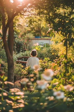 A peaceful garden scene with a person engaging in visualization exercises, envisioning themself on positivity to cultivate mental well-being.の素材