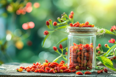 Glass jar brimming with goji berries, goji berry plant on background in garden.の素材