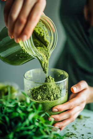 Woman adding powdered moringa to her morning smoothie, nutrient-rich ingredient into daily routines.の素材