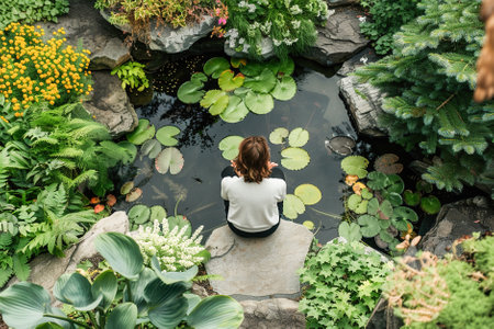 A peaceful garden scene with a person engaging in visualization exercises, envisioning themself on positivity to cultivate mental well-being.の素材