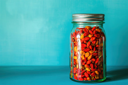 Glass jar brimming with colorful goji berries, highlighting their role in healthy eating habits.の素材