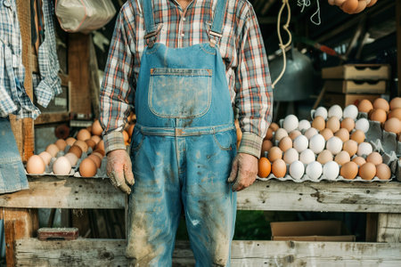 A farmer, wearing denim overalls and a plaid shirt, stands beside a wooden stall, selling fresh brown and white eggs.の素材