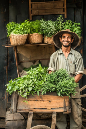 A smiling farmer stands proudly beside a rustic wooden cart laden with bundles of fresh basil, mint, and rosemary.の素材