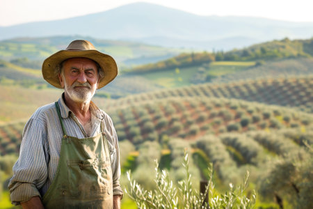 Against a backdrop of rolling hills, a weathered farmer showcases his organic olive plantation with many olive trees.の素材