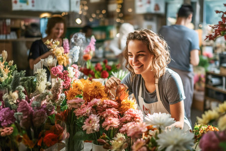 A woman standing in front of a flower shop. Cash register ans flowers on foreground.の素材
