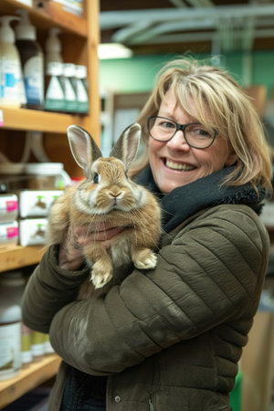 Owner cuddles their fluffy bunny amidst a collection of pet care items, affection and nurturing in pet relationships.の素材