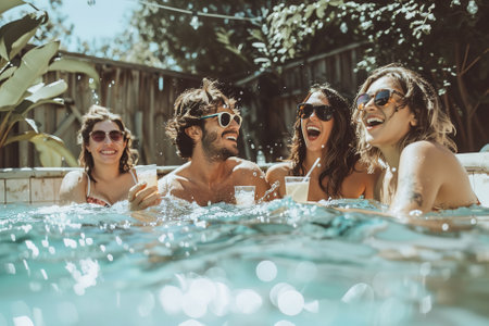 Pool Party: Friends laughing and splashing in a sparkling pool, enjoying refreshing drinks, the summer vibes under the warm sun.の素材