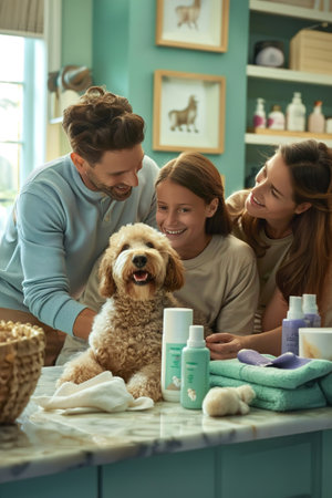 A smiling family gathers around their pampered pup, surrounded by pet care products, highlighting the joy and closeness of pet ownership.の素材
