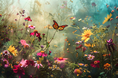 Summer in a lush garden bursting with colorful blooms, alive with buzzing bees and butterflies.の素材