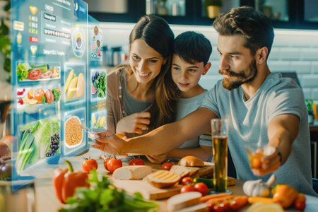 At a nutritionist's office, a family sits together, examining a visual representation of their balanced diet, a collage of nutritious foods and meal ideas.の素材