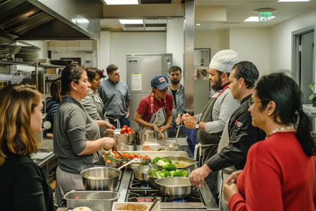 Cooking Class: Participants gather in a well-equipped kitchen, learning new culinary skills from a seasoned chef.の素材