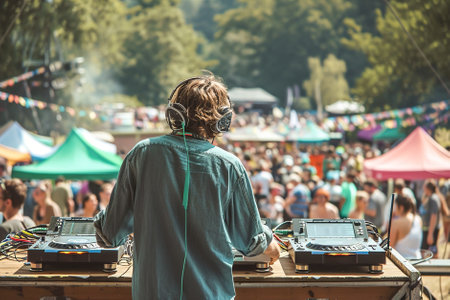 Outdoor Music Festival: DJ at turntables, colorful tents, sound waves pulsating in the open air. Attendees dance, immersed in a sonic.の素材