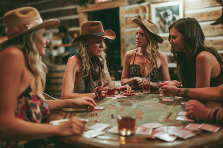 Costume party, Wild West Saloon: Cowboy hats, bandanas, and saloon dresses, friends playing poker, line dancing, and enjoying whiskey.の素材