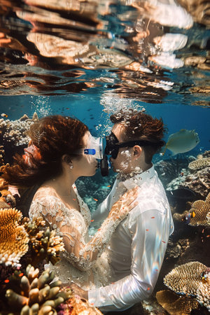 A couple getting married underwater in scuba gear surrounded by coral reefs.の素材