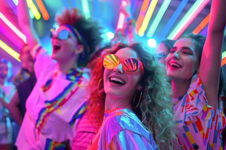 80s Retro Bash: Colorful costumes, neon lights, group of friends dancing to classic hits in nostalgic celebration.の素材