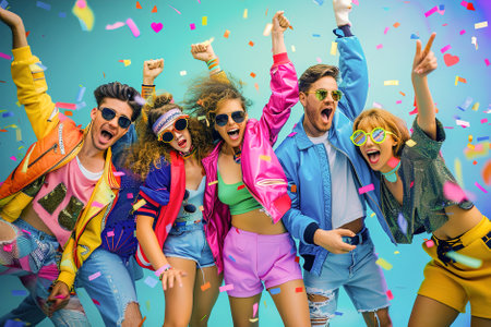 80s Retro Bash: Colorful costumes, neon lights, group of friends dancing to classic hits in nostalgic celebration.の素材