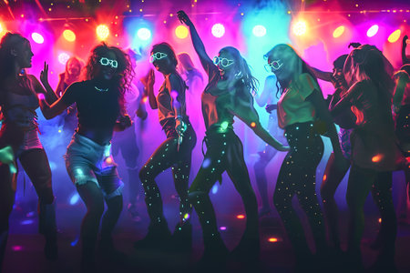 80s Retro Bash: Colorful costumes, neon lights, group of friends dancing to classic hits in nostalgic celebration.の素材