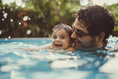 A parent teaching their child how to swim in a pool.の素材