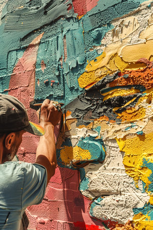 A street artist painting a mural on a city wall.の素材
