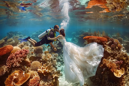 A couple getting married underwater in scuba gear surrounded by coral reefs.の素材
