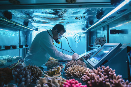 A scientist studying coral reefs in an underwater research lab.の素材