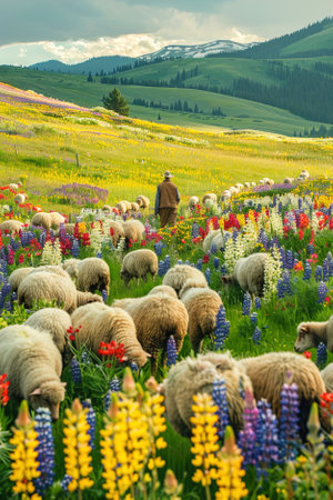 A farmer herding sheep through a field of colorful wildflowers.の素材