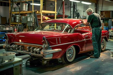 A mechanic restoring a classic car in a garage.の素材