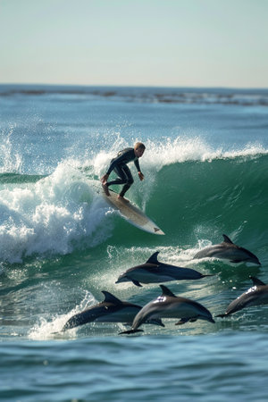 A surfer riding waves with dolphins jumping alongside them.の素材