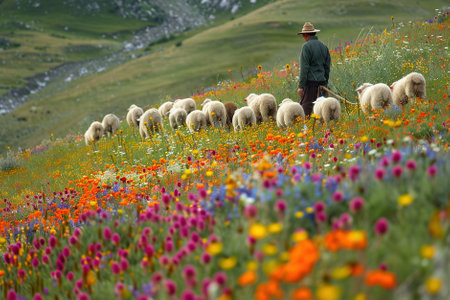A farmer herding sheep through a field of colorful wildflowers.の素材