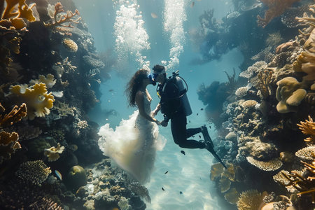 A couple getting married underwater in scuba gear surrounded by coral reefs.の素材