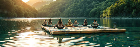 A yoga instructor leading a class on a floating platform in the middle of a lake.の素材