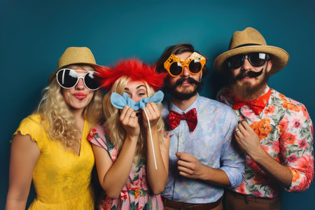 A group of young people take a picture at a party wearing fake mustaches, lips, big funny glasses. A colorful party with confetti and lots of balloons. Funny costumes.の素材